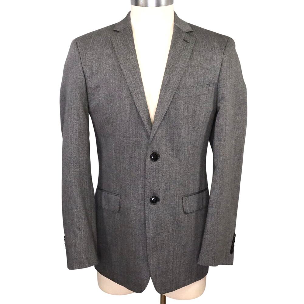DKNY Sport Coat Mens 42L Gray Wool Herringbone Check Jacket Lined Blazer Career